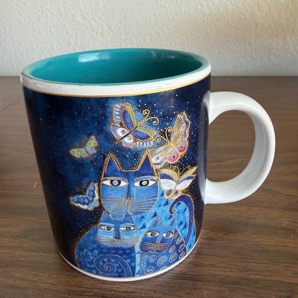 Laurel Burch Other - Laurel Burch Indigo Cats and Butterflies Coffee Mug Blue Gold Ceramic Tea Cup
